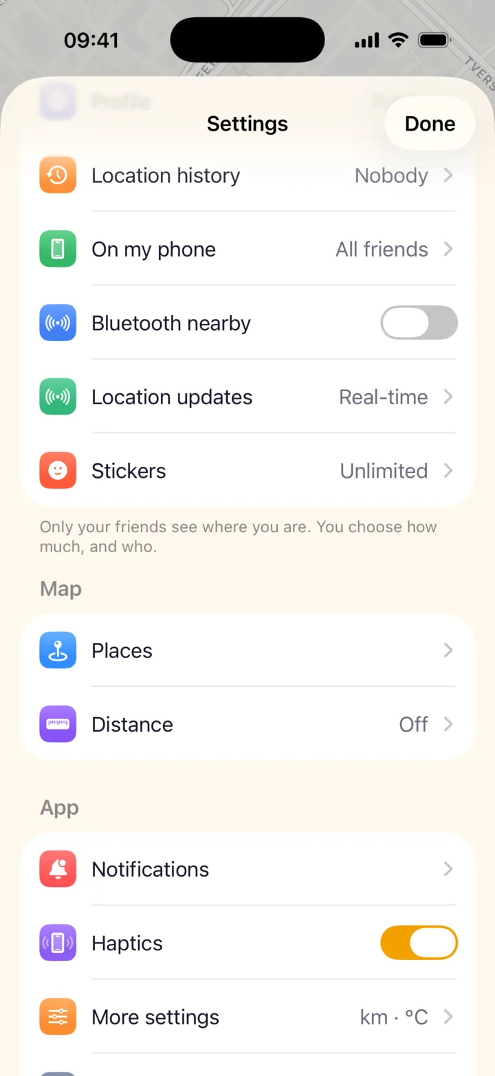 Privacy settings: profile, location history, on my phone, Bluetooth nearby, location updates and stickers